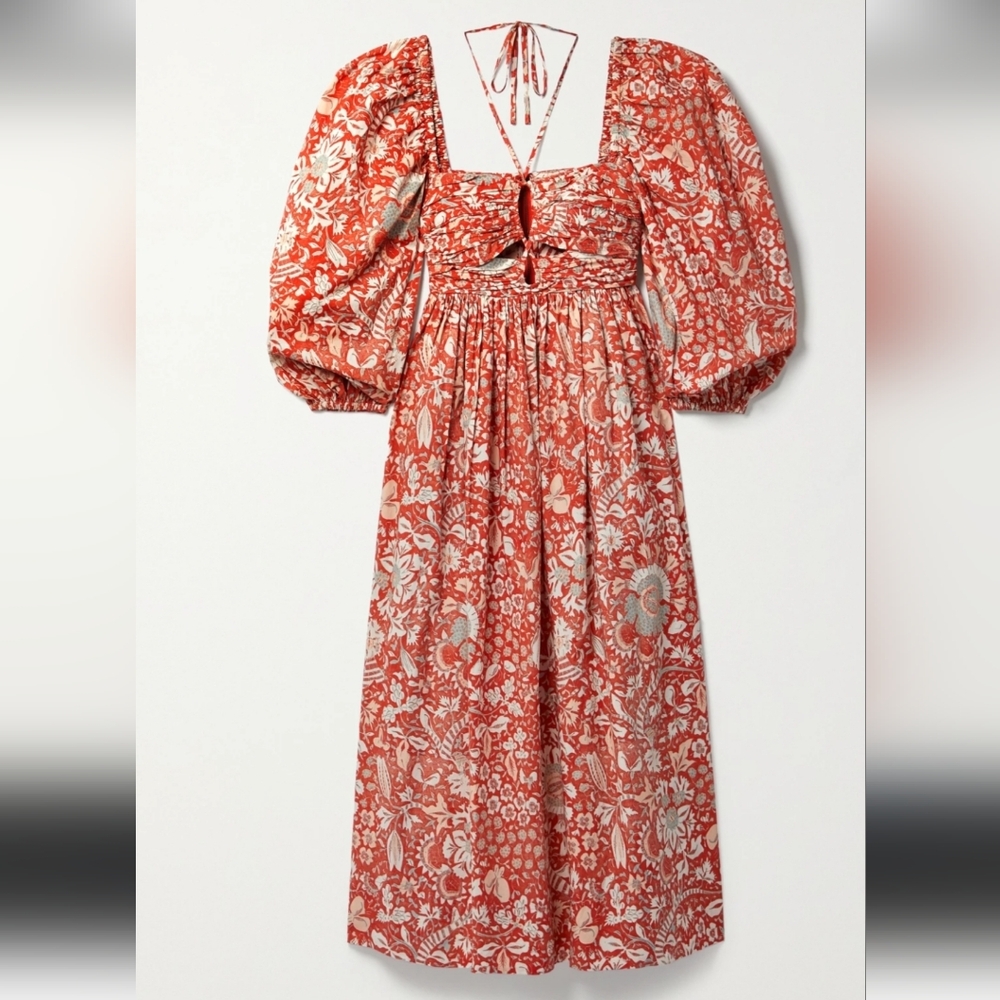 NWOT ULLA JOHNSON ALESSA FLORAL  BALLOON SLEEVE COTTON MIDI DRESS, SIZE:4